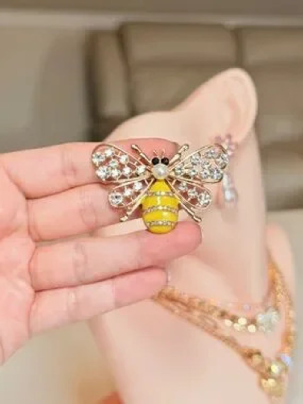 Gold-Tone Yellow Bee Brooch Pin with Crystal Wings